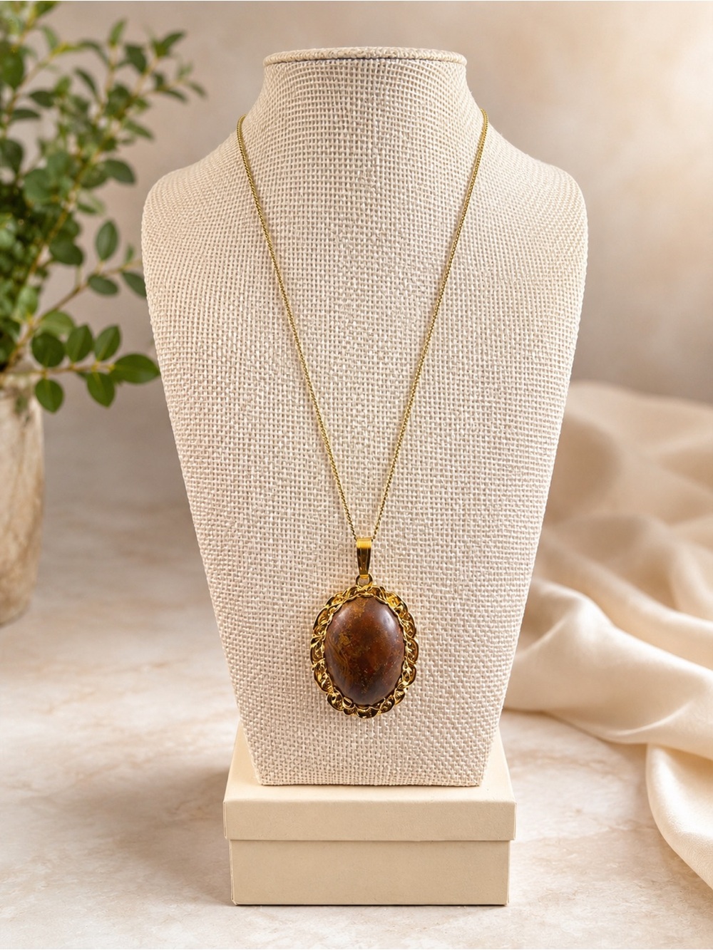 Gold-Tone Brown Stone Pendant Necklace - Women Jewelry